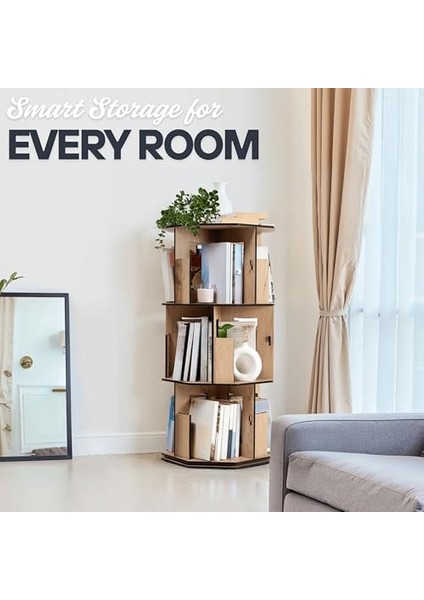 360° Döner Kitaplık – Modern ve Dekoratif Çok Katmanlı Ahşap Kitap ve Dergi Rafı (Meşe, 3 Raflı) fiyatları