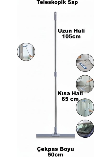 Teleskopik Su Çekpası - 360° Esnek Başlıklı Fayans ve Yer Çekpası 50CM (65-105 cm Ayarlanabilir Sap)
