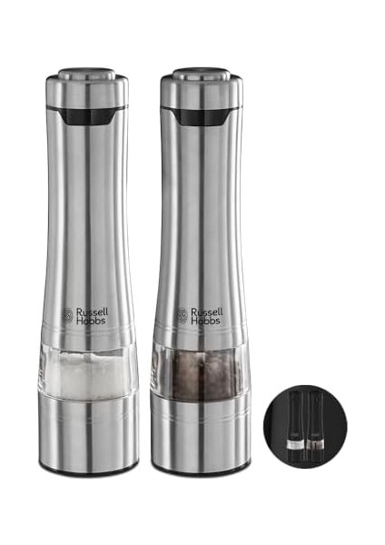 Hobbs Elektrikli Tuz ve Karabiber Öğütücü Seti, Baharat Değirmenleri, Paslanmaz Çelik, Seramik Öğütücü, Öğütme Derecesi Ince ve Iri Ayarlanabilir, LED Aydınlatma, Pilli, Gümüş