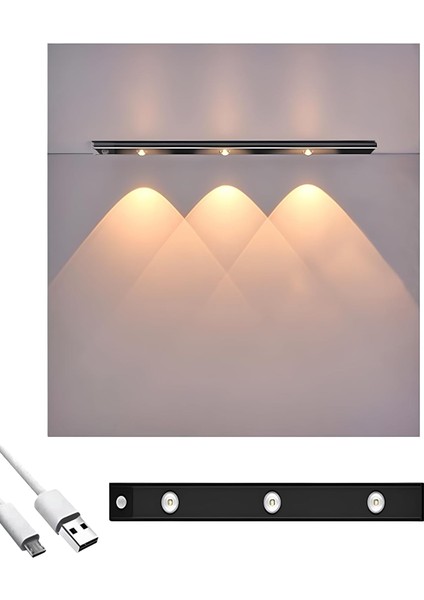 Sensörlü Şarjlı 3 Farklı Işık Renkli Dimmerli 40CM Siyah Ultra Slim Kabin LED