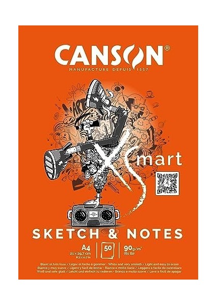 Canson Xsmart Çizim Kağıdı, Beyaz, Ince Taneli, 90 G/m², Uzun Taraflı Yapışkan Blok, A4-21 x 29,7 Cm, Beyaz, 50 Yaprak