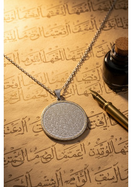 Gümüş Renk Vakıa Suresi Yazılı Çelik Kolye Kararmaz Paslanmaz Zincirli Unisex Kolye modelleri