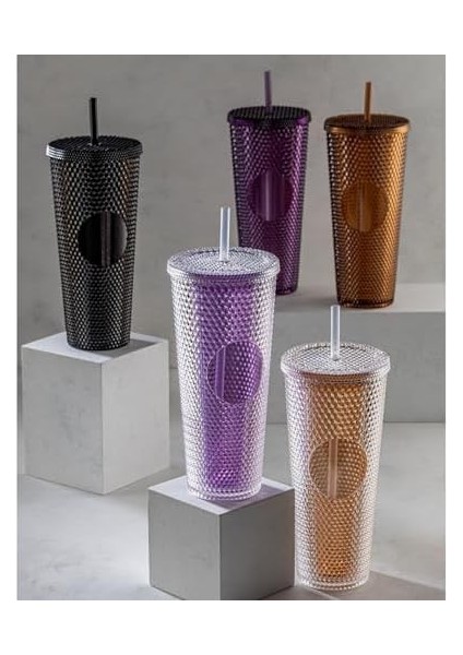 750 ml Kapaklı ve Pipetli Soğuk Içecek Bardağı – Mor Kristal Desenli Seyahat Kupası, Termal Yapı, Buzlu Doku, Buzlu Kahve Smoothie Bardak Taşınabilir Yazlık Plastik Bardak (Mürdüm)