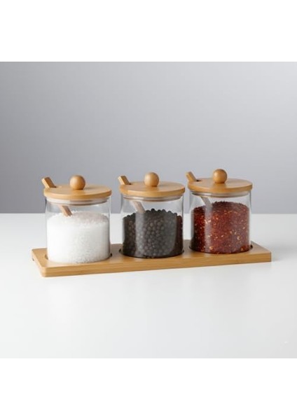 Bambu Standlı 3&apos;lü Cam Baharatlık, Borasilikat, 3&apos;lü Baharat Seti - Şık ve Fonksiyonel Bambu Standlı Mutfakta Düzeni ve Lezzeti Bir Arada Yaşayın!