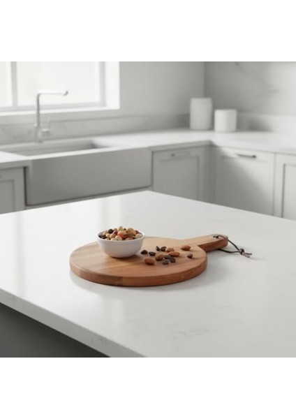 Akasya Ahşap Yuvarlak Sunum Tabağı (20X30 Cm) | Doğal Saplı Peynir, Şarküteri, Pizza ve Meze Servis Tahtası | Küçük Boy Modern Ahşap Sunumluk (1.2 cm Kalınlık)