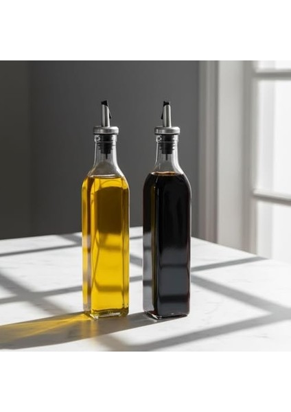2&apos;li Cam Yağlık Sirkelik Seti - Otomatik Açılan Paslanmaz Çelik Kapaklı ve Akıtmaz Özel Ağızlı, 500 Ml, Cam - Yağ, Sirke ve Soslar Için Paslanmaz Çelik Ağızlı ve Otomatik Kapaklı