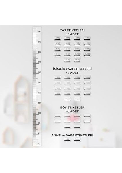 Boy Ölçer Duvar Cetveli - Kendinden Yapışkanlı Şeffaf Etiket - Mezura - Çocuk ve Yetişkinler Için, Minimalist Dekoratif Dayanıklı, Ev ve Kreş Kullanımına Uygun - Yaş Etiketi ve Isimlik Dahil