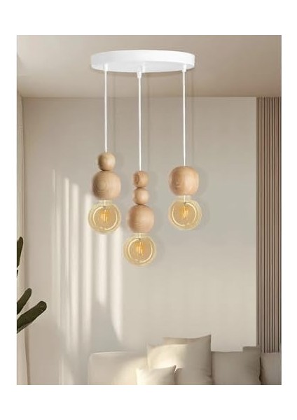 Ahşap Detaylı Modern Rustik Sarkıt Avize Şık ve Doğal Tasarım Salon Oturma Odası (Beyaz-Ahşap) fiyatları