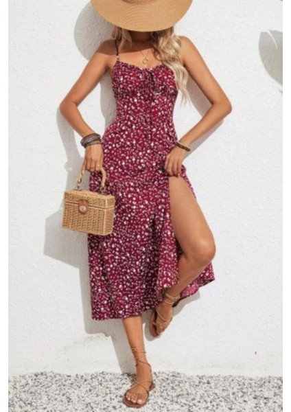 Ip Askılı Bağcıklı Yandan Yırtmaçlı Süprem Elbise - Bordo fiyatları