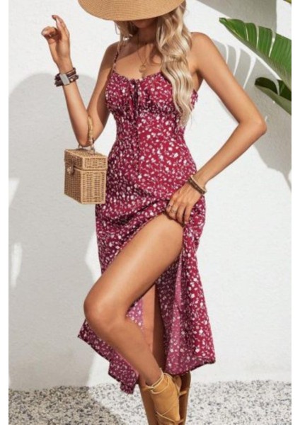 Ip Askılı Bağcıklı Yandan Yırtmaçlı Süprem Elbise - Bordo modelleri