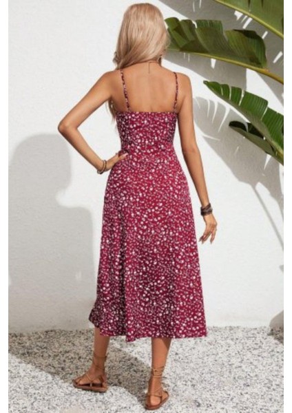 Ip Askılı Bağcıklı Yandan Yırtmaçlı Süprem Elbise - Bordo fırsatları