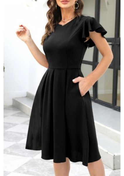 Bisiklet Yaka Fırfır Kollu Kloş Krep Elbise - Siyah fiyatları