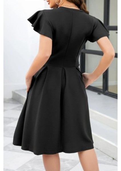 Bisiklet Yaka Fırfır Kollu Kloş Krep Elbise - Siyah modelleri