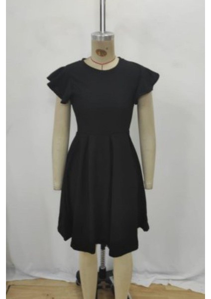 Bisiklet Yaka Fırfır Kollu Kloş Krep Elbise - Siyah fırsatları