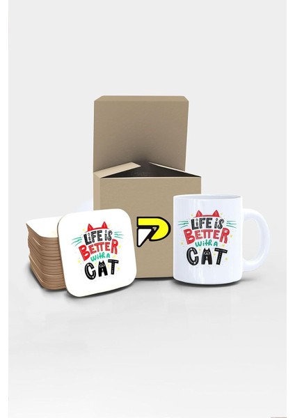 Life Is With A Cat Yazılı Tipografik Kedi Tasarımlı Baskılı Kupa Bardak Seti, Eğlenceli Özel Hediye Mug