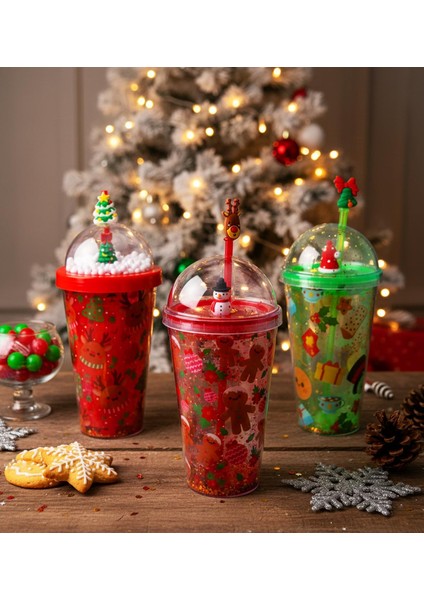 Yılbaşı Temalı Kar Küresi Kapaklı Işıltılı Pipetli Bardak 450 ml