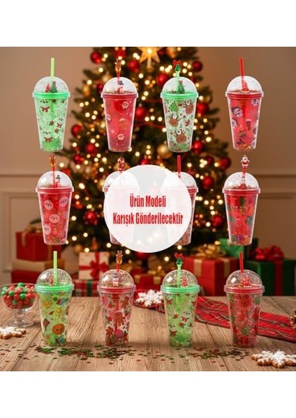 Yılbaşı Temalı Kar Küresi Kapaklı Işıltılı Pipetli Bardak 450 ml fiyatları