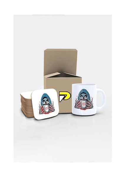 Death Coffee Tasarımlı Baskılı Kupa Bardak Seti, Eğlenceli Özel Hediye Mug