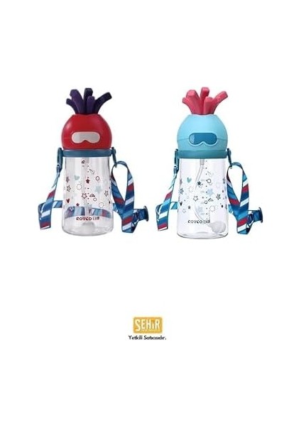 320ML Pipetli Eğlenceli Desenli Akıllı Pipet Toplu Askılı Tritan Su Matarası (Kırmızı)