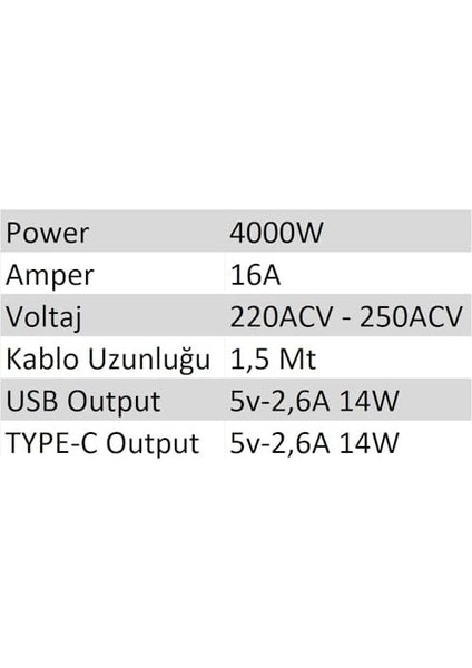 1.5 Metre Kablolu 3&apos;lü 2 USB Type-C 4000W 16AH Akım Korumalı Priz (Usb-3ın) modelleri