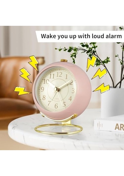 Çalar Saat Analog, Klasik ve Taşınabilir Masa Saati, Gece Işıklı, Pil ile Çalışan, Sessiz Alarm Özellikli, Yatak Odası ve Çalışma Alanları Için Uygun (Pembe)