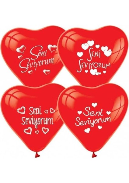 12 Adet Kırmızı Kalpli Seni Seviyorum Baskılı Balon Helyumla Uçan
