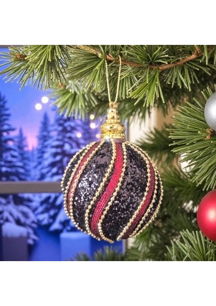 Lüks Yılbaşı Topu 8cm Altın Boncuk Şeritli Işıltılı Payetli Siyah - Bordo Çam Ağacı Süsü 3lü
