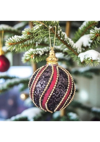 Lüks Yılbaşı Topu 8cm Altın Boncuk Şeritli Işıltılı Payetli Siyah - Bordo Çam Ağacı Süsü 3lü fiyatları