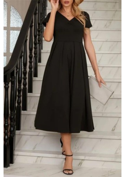 V Yaka Kısa Kollu Pileli Etekli Midi Boy Elbise - Siyah
