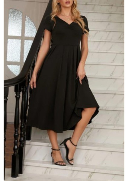 V Yaka Kısa Kollu Pileli Etekli Midi Boy Elbise - Siyah fiyatları