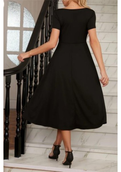 V Yaka Kısa Kollu Pileli Etekli Midi Boy Elbise - Siyah modelleri