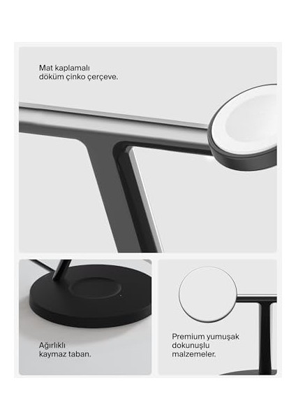 Boostcharge 3&apos;ü 1 Arada Qi2 Şarj Cihazı, Magsafe Uyumlu Kablosuz Şarj Istasyonu, 16 Serisi,, Kaymaz Tabanlı Airpods Için Qi2 Kablosuz Şarj Aleti, Psu Dahil - Siyah