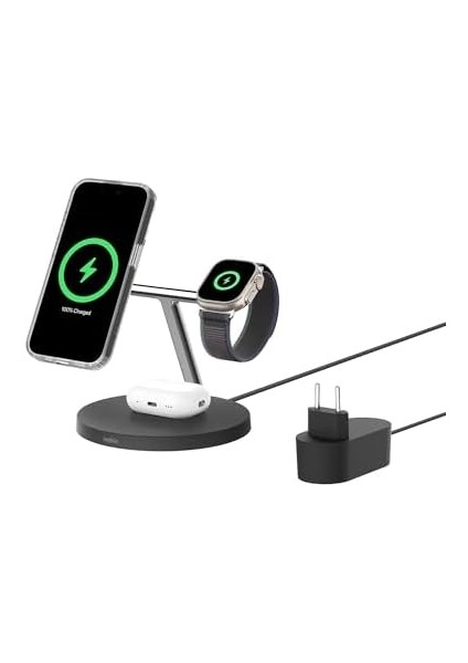 Boostcharge 3&apos;ü 1 Arada Qi2 Şarj Cihazı, Magsafe Uyumlu Kablosuz Şarj Istasyonu, 16 Serisi,, Kaymaz Tabanlı Airpods Için Qi2 Kablosuz Şarj Aleti, Psu Dahil - Siyah fiyatları