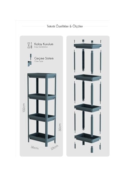Life 4 Katlı Hazneli Plastik Gri Banyo Mutfak Balkon Düzenleyici Rafı MIT1193