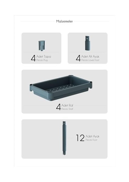 Life 4 Katlı Hazneli Plastik Gri Banyo Mutfak Balkon Düzenleyici Rafı MIT1193 modelleri