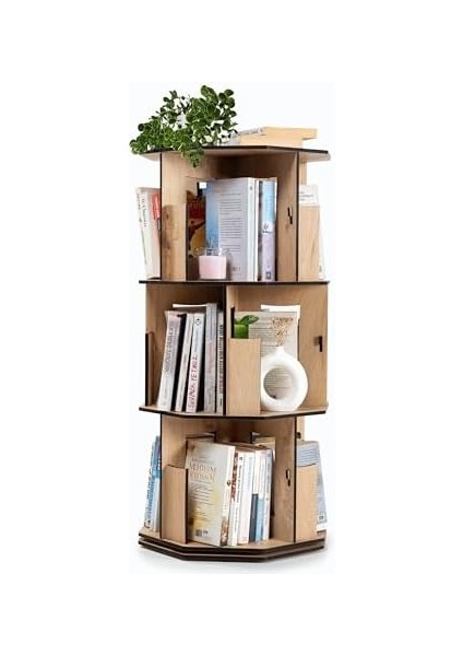 360° Döner Kitaplık – Modern ve Dekoratif Çok Katmanlı Ahşap Kitap ve Dergi Rafı (Meşe, 3 Raflı)