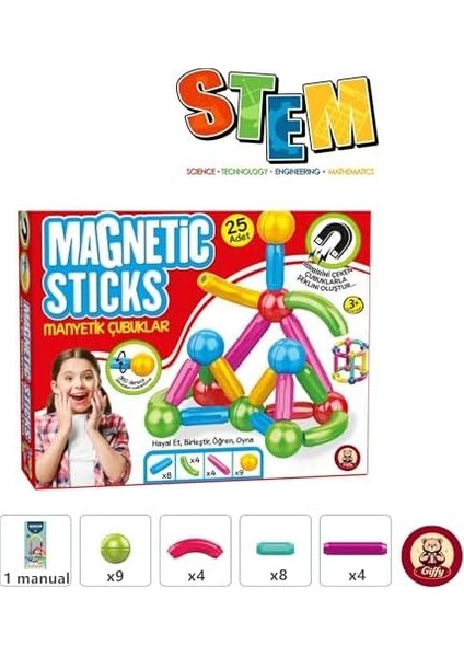 Oyuncak 25 Parça Manyetik Çubuklar ve Toplar Çocuklar Için Eğitici Öğretici Set Kutulu Stem Oyuncağı fiyatları