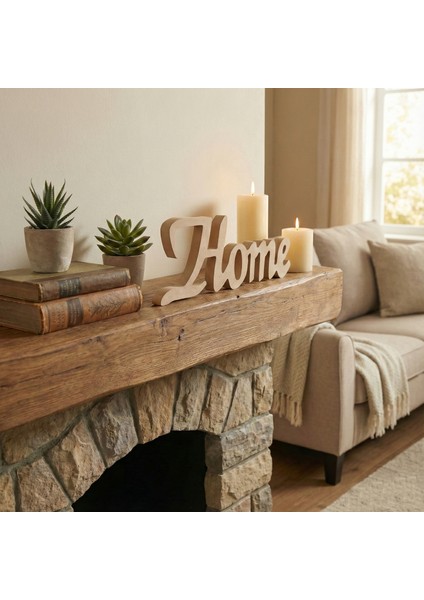 Ham Ahşap Home Yazısı Dekoratif Mdf Duvar ve Kapı Süsü Boyanabilir Hobi Objesi (30X11X2 Cm)