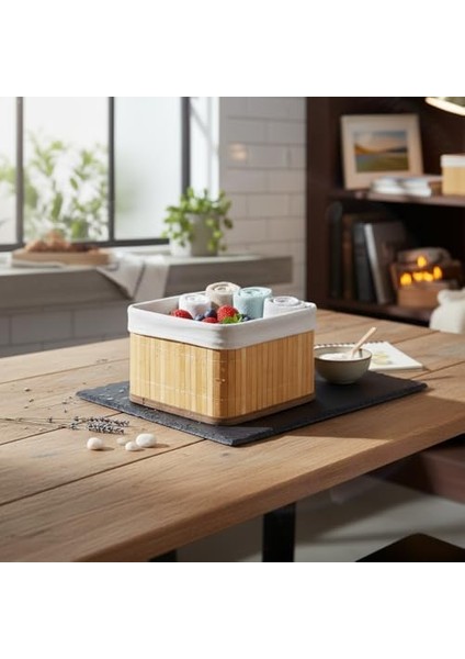 Bambu Çok Amaçlı Saklama Kutusu Düzenleyici Kare Organizer, Dekoratif Bambu Düzenleyici Naturel (20X20X13CM)