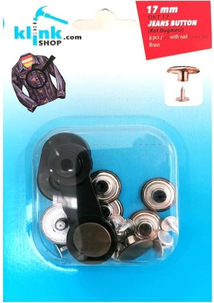 Çakma Düğme 17 mm Kendin Yap Kiti, Kot Pantolon, Kot Mont Için Çekiçle Uygulama Aparatları ve 8 Adet Çivili Düğme Takım-Paslanmaz Pirinç (Antik Sarı)