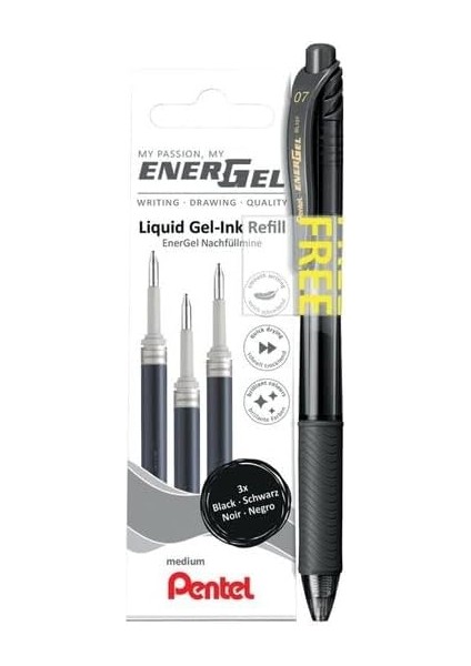 Energel Mekanizmalı Likit Roller Kalem + 3 Adet Yedek - Siyah Siyah