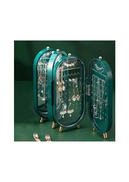 4 Bölmeli Takı Organizeri Aynalı Takı Askısı Yüzük Standı, Küpe Standı, Kolye Düzenleyici Yeşil