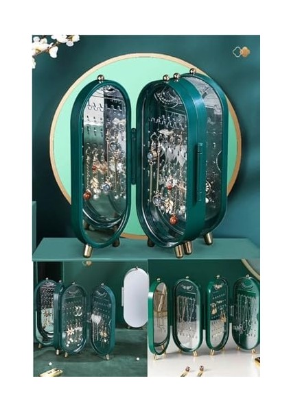 4 Bölmeli Takı Organizeri Aynalı Takı Askısı Yüzük Standı, Küpe Standı, Kolye Düzenleyici Yeşil modelleri