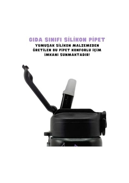 600ML Temalı Lisanslı Pipetli Kilitlenebilir Kapak Paslanmaz Çelik Termos Matara (Siyah)