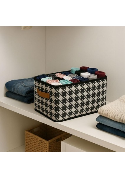 Raf Düzenleyici, Katlanabilir Kıyafet Organizeri, Çelik Destekli Kazayağı Desenli Kumaş Çok Amaçlı Saklama Kutusu, Dolap Içi Çekmece Düzenleyici, Gri (45X25X20CM)