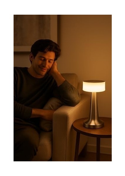3 Modlu Dokunmatik Denver Masa Lambası Gümüş Renk Metal Gövdeli Kablosuz Şarj Edilebilir USB Şarjlı LED Masa Lambası Modern Tasarımlı Portatif Gece Lambası