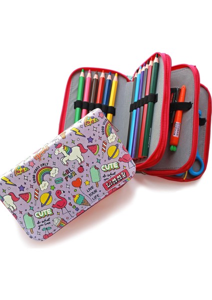 Kalem Kutusu - Desenli Kawai Organizer Kalemkutu Vegan Deri Üç Bölmeli Kalemlik