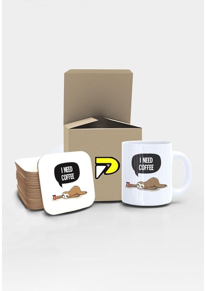 Tembel Hayvan I Coffee Tasarımlı Baskılı Kupa Bardak Seti, Eğlenceli Özel Hediye Mug