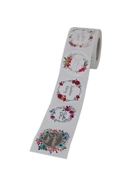 , Hazır Al Hızlı Al Teşekkür Ederiz Etiketi 5 Farklı Çiçek Deseni 50MM Çap Ruloda 500 Adet Kendinden Yapışkanlı Rulo Etiket, Pp Opak E-Ticaret modelleri