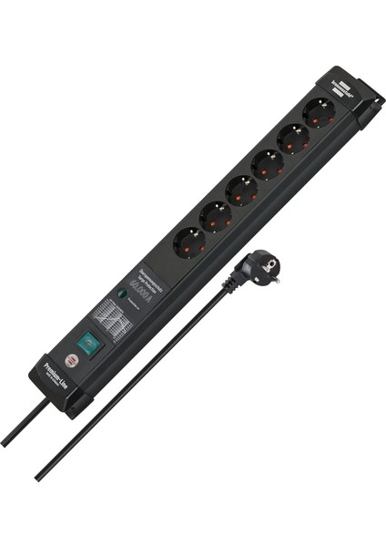 Premium- 6&apos;lı Priz, 60.000 A&apos;ya Kadar Yüksek Gerilim Korumalı (Anahtarlı ve 3 M Kablolu Çoklu Priz, Duvar Montajı, Alman Malı) Siyah